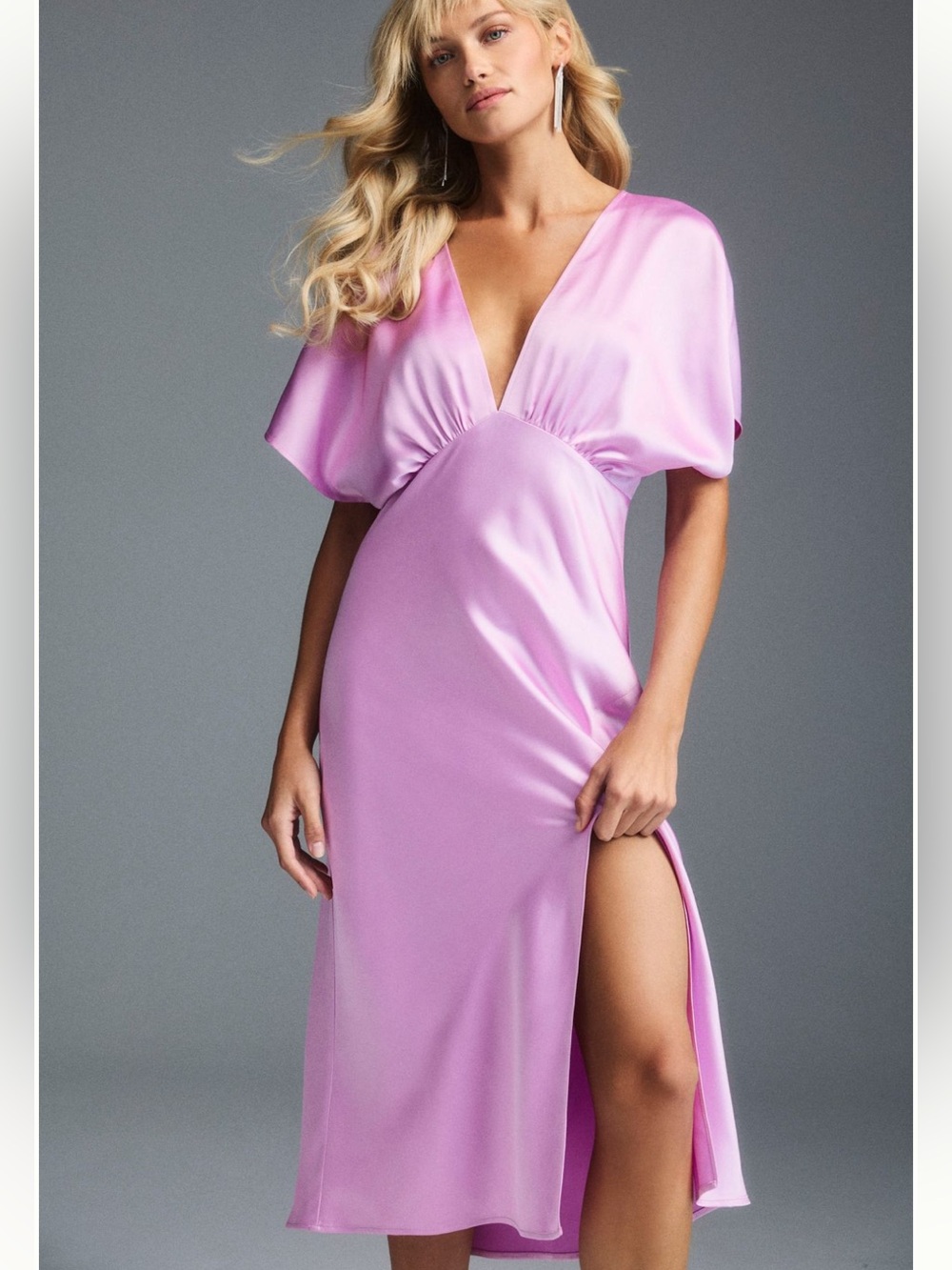 BHLDN Lilac Satin V-Neck Slip Dress with High Side Slit